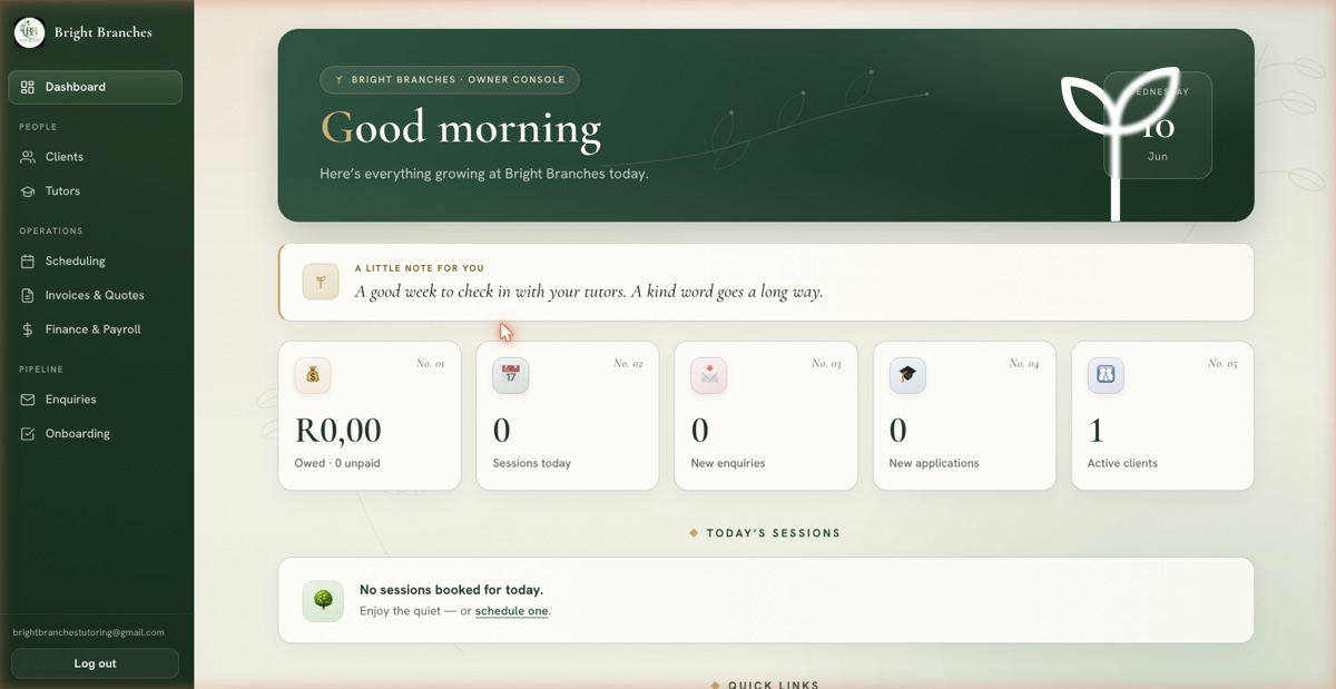 Bright Branches owner CRM dashboard in the same brand