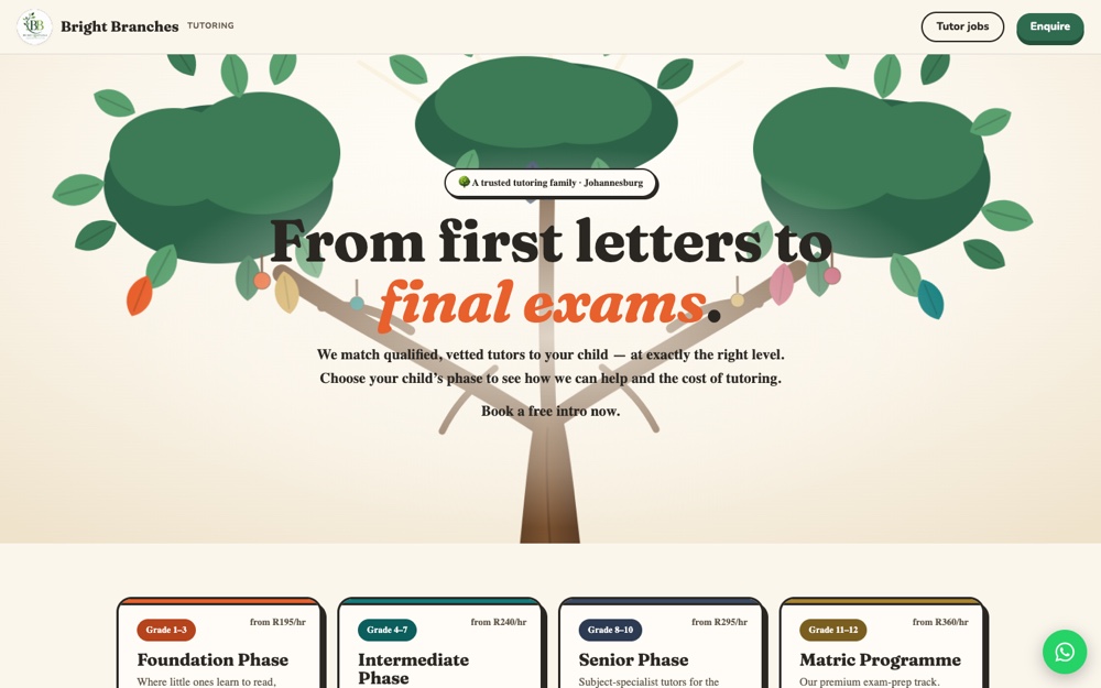 Bright Branches tutoring website — illustrated hero