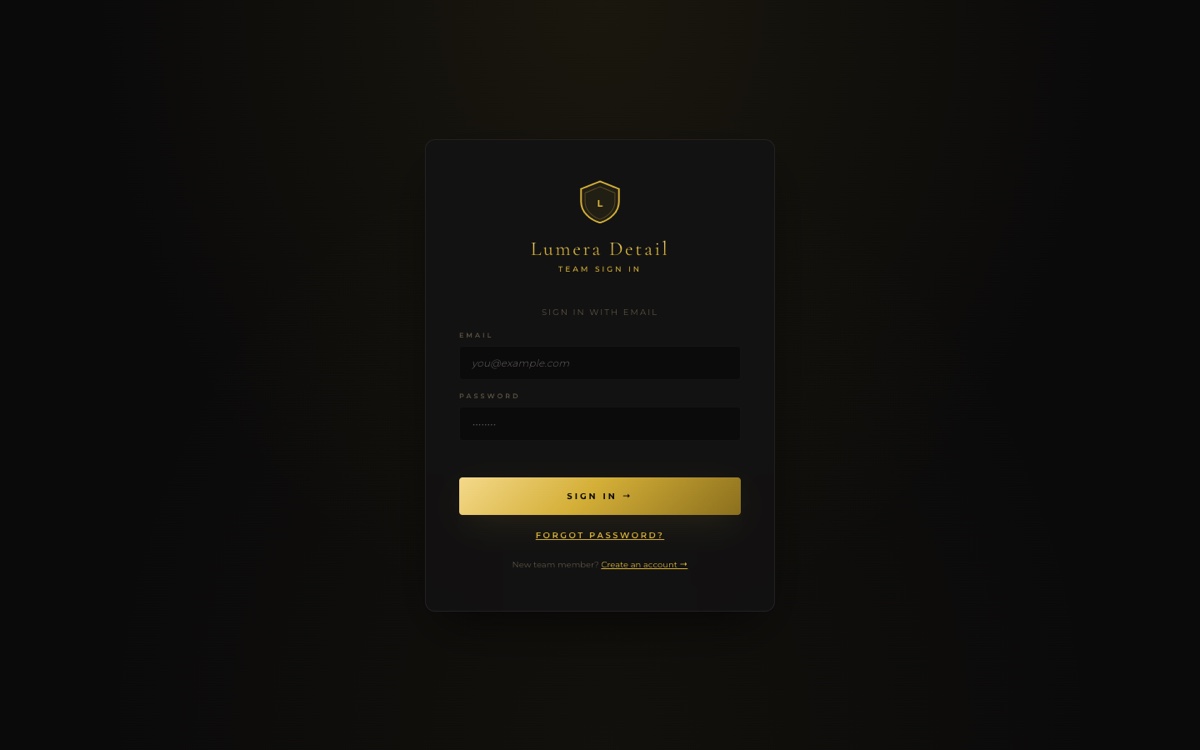 Lumera Detail team CRM sign-in, designed in the same black and gold brand