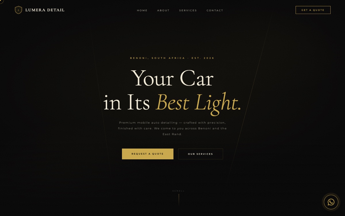 Lumera Detail website — black and gold hero
